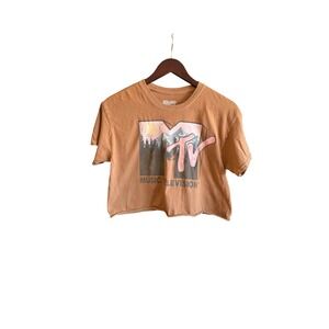 MTV Music Television Graphic Crop Top Brown Raw Hem Boxy Tee Womens Medium